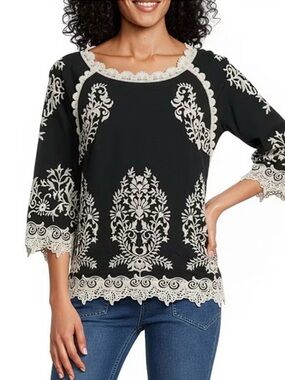 Leo & Nicole Boho Embroidered Scoop Neck 3/4 Sleeve Lace Trim Petite Large